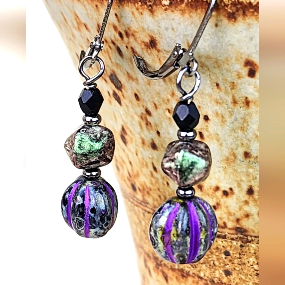Purple, Green &‎ Black Earrings, Handmade